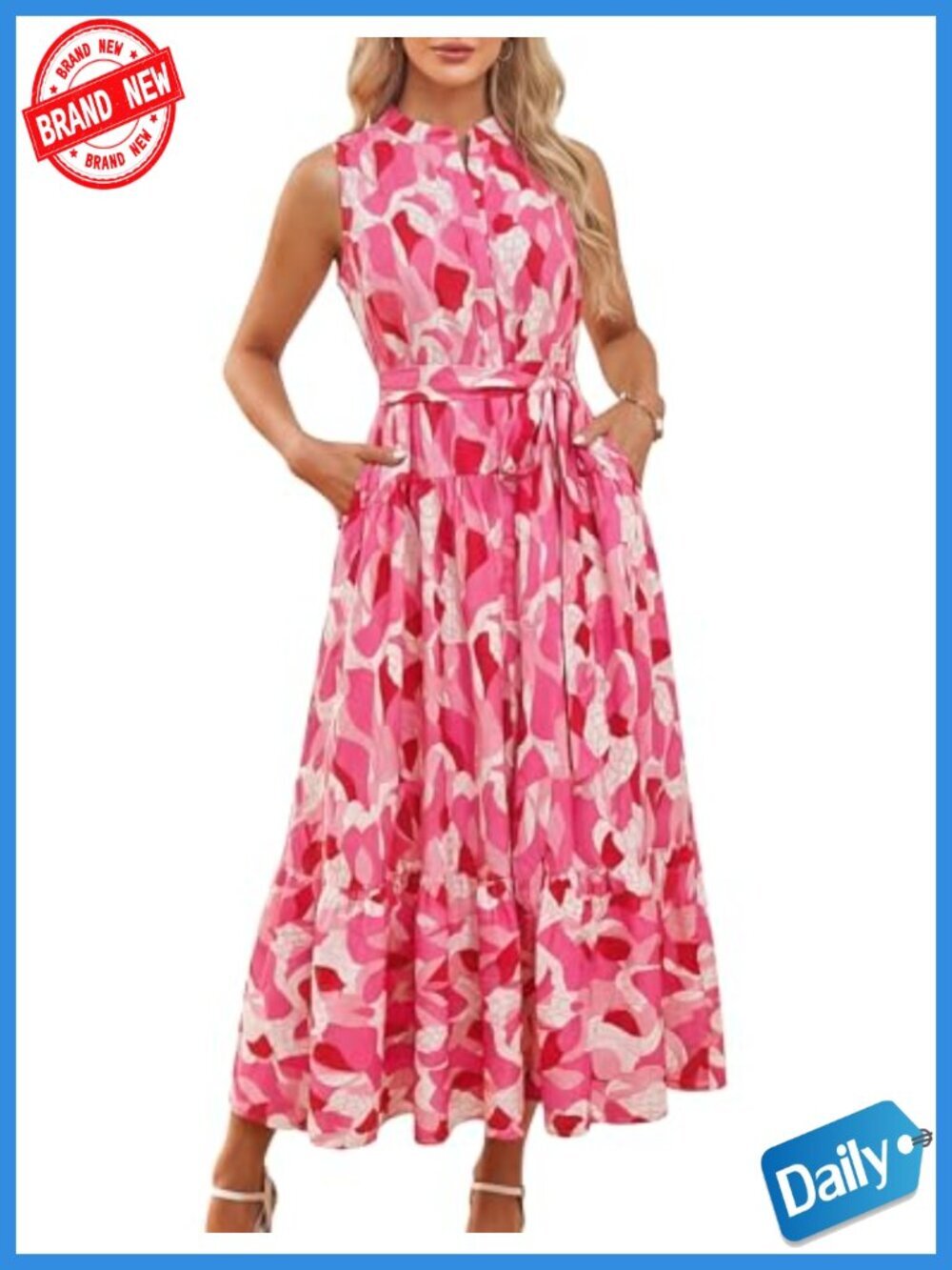 Sleeveless Floral Maxi Dress V Neck Hidden Button Vacation Wedding Dresses with